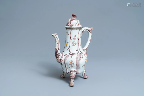 A tall polychrome Dutch Delft coffee pot and cover,