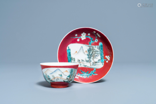 A Chinese famille rose ruby-ground cup and saucer,