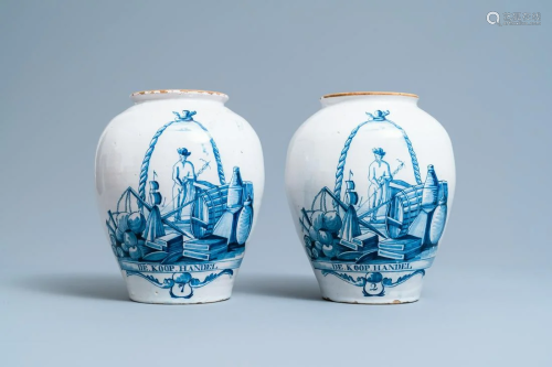 A pair of Dutch Delft blue and white tobacco jars with