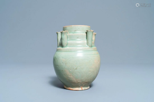 A Chinese Longquan celadon five-spouted urn, Song