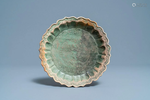 A Chinese green-glazed lotus-shaped 'phoenix' dish,