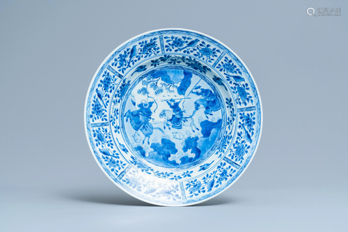 A Chinese blue and white 'Mongolian hunting' dish,