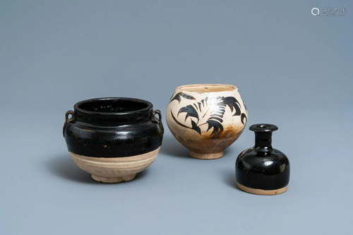 Two Chinese Cizhou pottery vases and a bowl, Song and