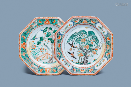 A pair of large octagonal Chinese famille verte dishes,