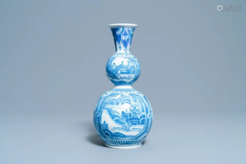 A Dutch Delft blue and white chinoserie double gourd