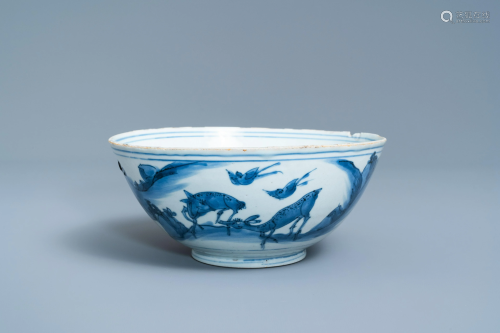 A Chinese blue and white 'deer' bowl, Chenghua mark,