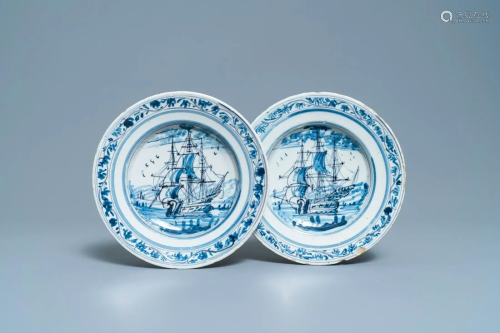 A pair of Dutch Delft blue and white plates with
