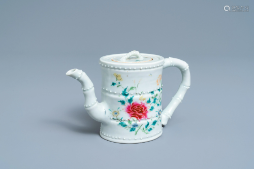 A Chinese famille rose bamboo-shaped teapot and cover,