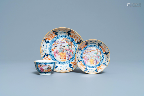 A Chinese famille rose 'Mandarin' cup and saucer with