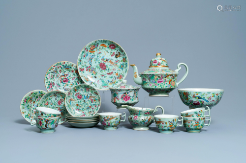 A Chinese Canton famille rose celadon-ground service,