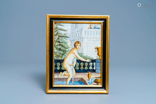 An Italian maiolica 'Susanna and the Elders' plaque,