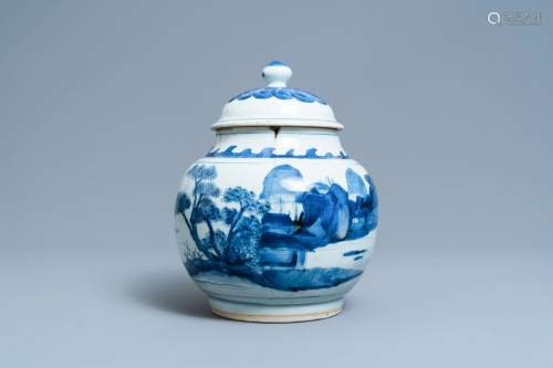 A Chinese blue and white 'landscape' jar and cover,