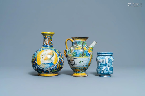 Three Italian maiolica drug jars, 16/18th C.