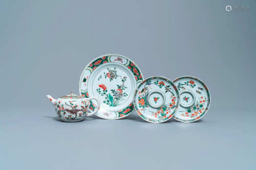 Two Chinese famille verte cup stands, a teapot and a