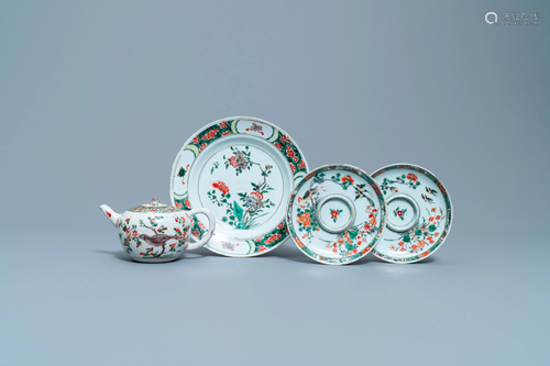 Two Chinese famille verte cup stands, a teapot and a