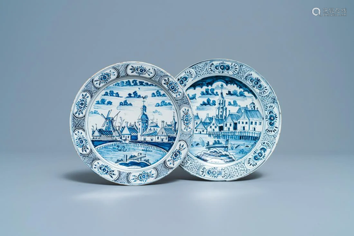 Two blue and white plates with city views, Harlingen,