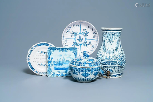 Five pieces of Dutch and French Delftware, 18/19th C.