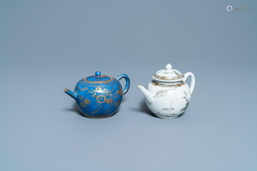 A Chinese gilt-decorated powder blue teapot and one in