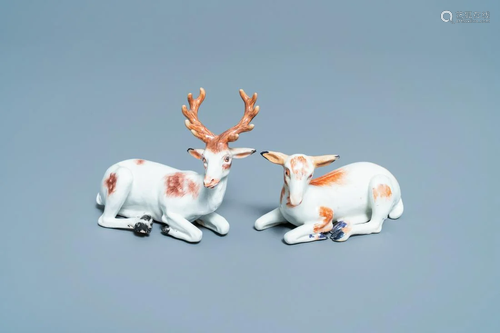 A pair of porcelain models of deer, probably Chelsea,