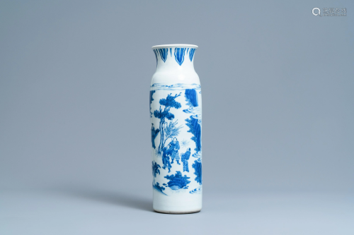 A Chinese blue and white rouleau vase with figures in a