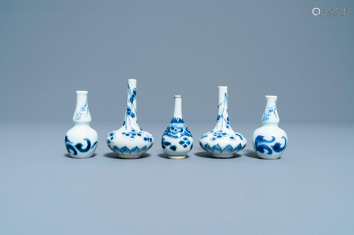 Five Chinese blue and white miniature vases, Kangxi