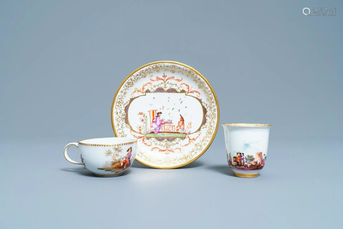 Two Meissen porcelain cups and a saucer, Germany, 18th