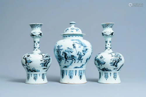 A Dutch Delft blue and white chinoiserie garniture of