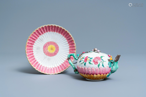 A Chinese famille rose teapot on stand with applied