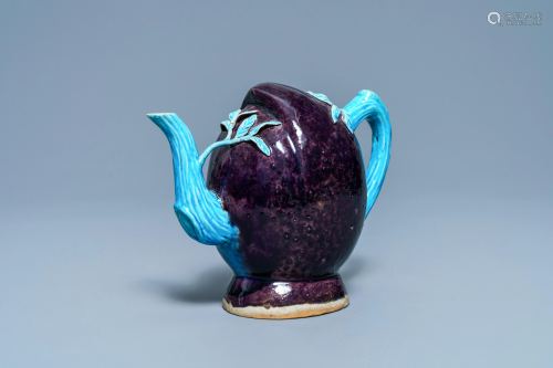 A Chinese aubergine- and turquoise-glazed peach-shaped