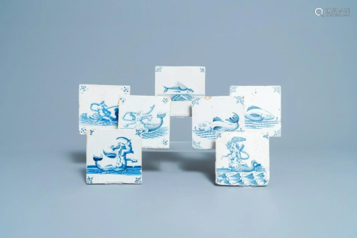 Seven Dutch Delft blue and white tiles with