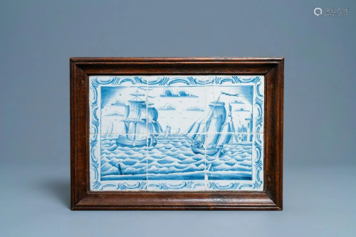 A Dutch Delft blue and white tile mural with ships at