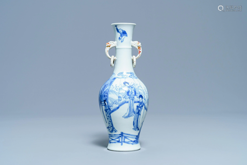 A Chinese blue and white vase with elephant handles,