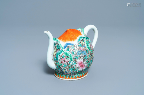 A Chinese famille rose peach-shaped 'cadogan' teapot