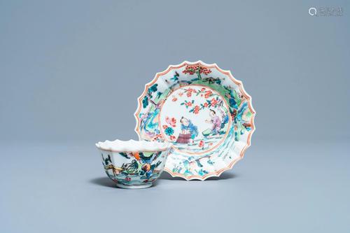 A lobed Chinese famille rose cup and saucer, Yongzheng