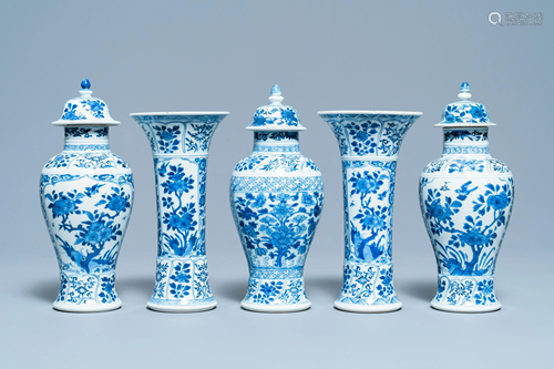 A Chinese blue and white garniture of five vases,