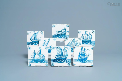 Eight Dutch Delft blue and white tiles with ships, 18th