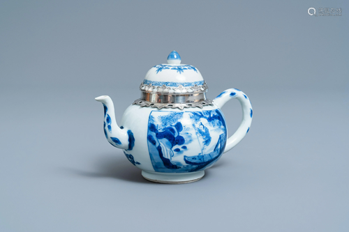 A Chinese blue and white silver-mounted teapot and