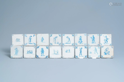 Sixteen Dutch Delft blue and white tiles with figures,