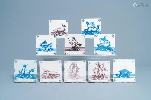 Ten Dutch Delft blue and white and manganese tiles with