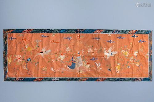 A large Chinese rectangular embroidered silk cloth,