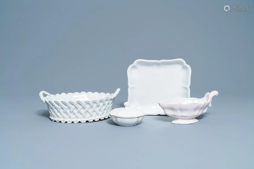 A white Delftware basket, a lobed dish, a spice box and