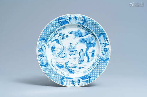 A Chinese blue and white 'musicians' dish, Kangxi