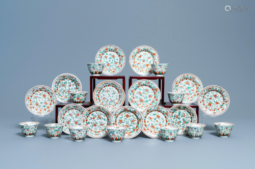 Eleven Chinese famille verte cups and thirteen saucers,