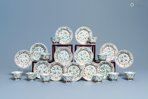 Eleven Chinese famille verte cups and thirteen saucers,