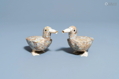 A pair of Chinese bone and mother-of-pearl models of