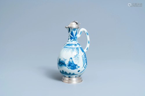 A Chinese blue and white silver-mounted ewer,