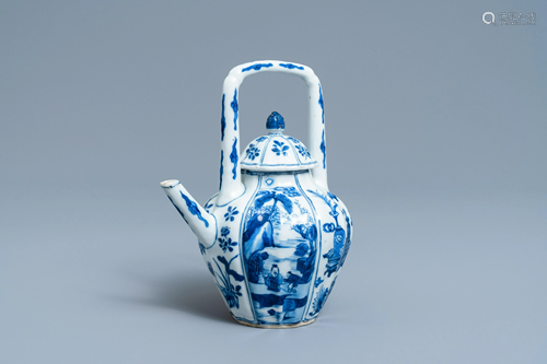 A ribbed Chinese blue and white teapot and cover,