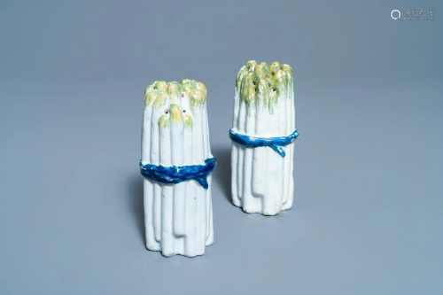 A pair of polychrome Brussels faience asparagus-shaped