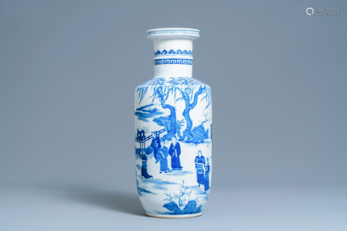 A Chinese blue and white rouleau vase, Kangxi mark,