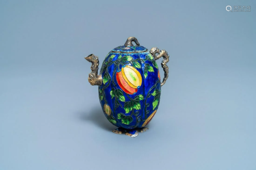 A Chinese enamelled and gilt silver teapot and cover,